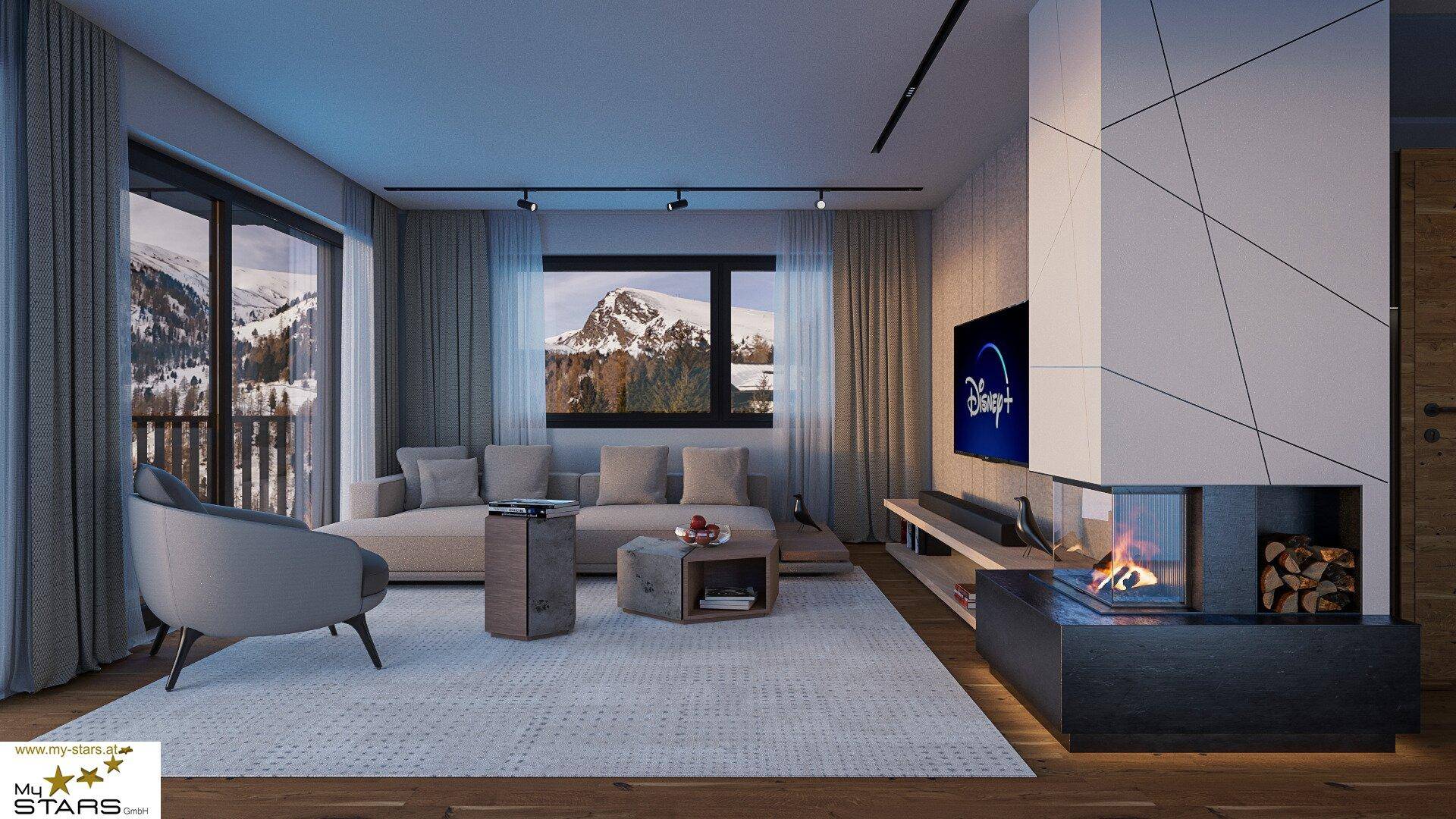 Gemütliches Wohnzimmer mit modernem Kamin, großem Sofa und beeindruckendem Bergblick durch das Fenster.