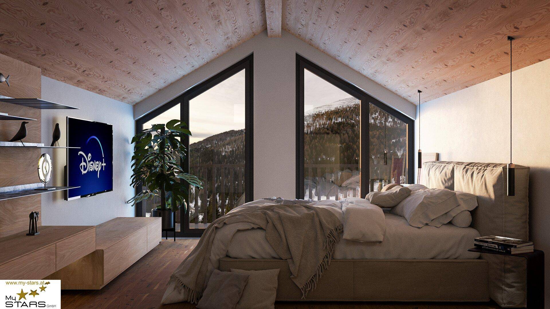 Schlafzimmer mit Holzdachschräge, großen dreieckigen Fenstern und einem atemberaubenden Bergblick.