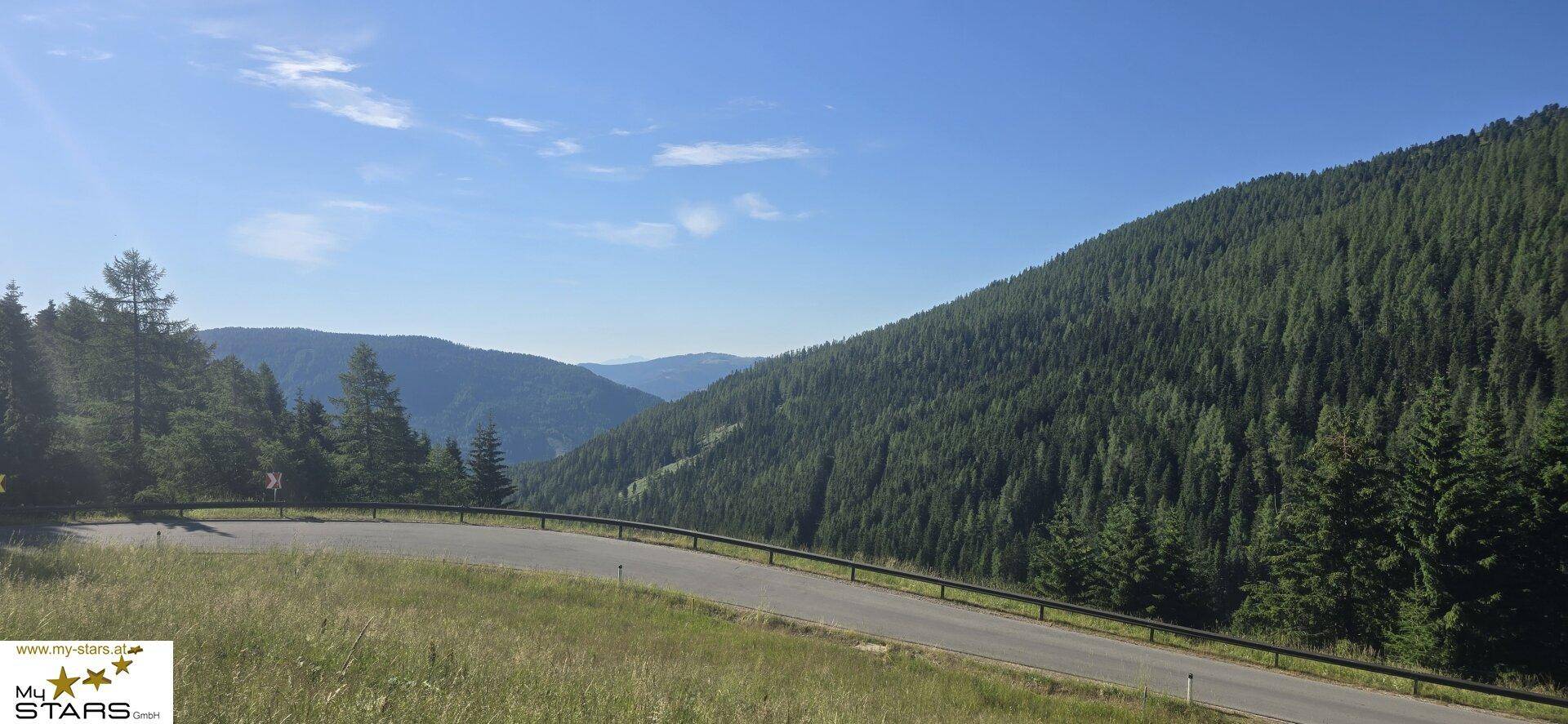 Eine kurvenreiche Straße führt durch eine weite, grüne Berglandschaft mit dichten Wäldern.