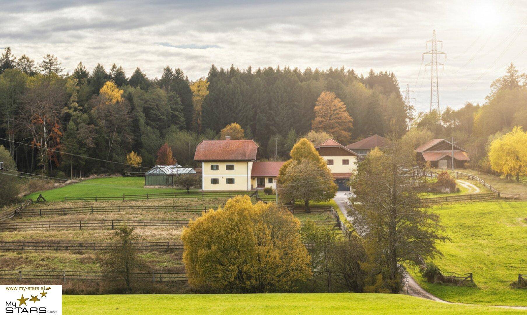Weitläufiges Anwesen in ländlicher Umgebung mit Wald und Feldern unter bewölktem Himmel.