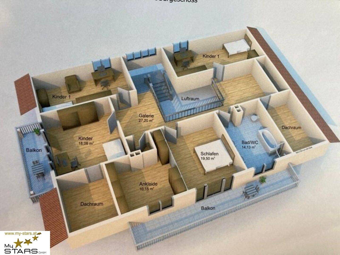 Grundriss des Obergeschosses mit Schlafzimmern, Bädern, Galerie und Balkonen.