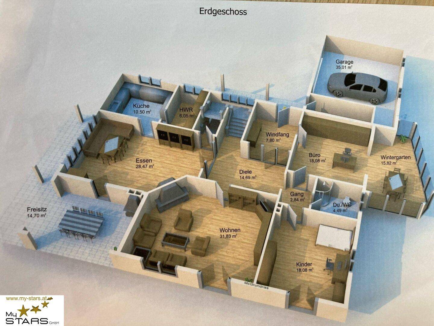 Grundriss des Erdgeschosses mit Wohn-, Essbereich, Küche, Büro und Garage.
