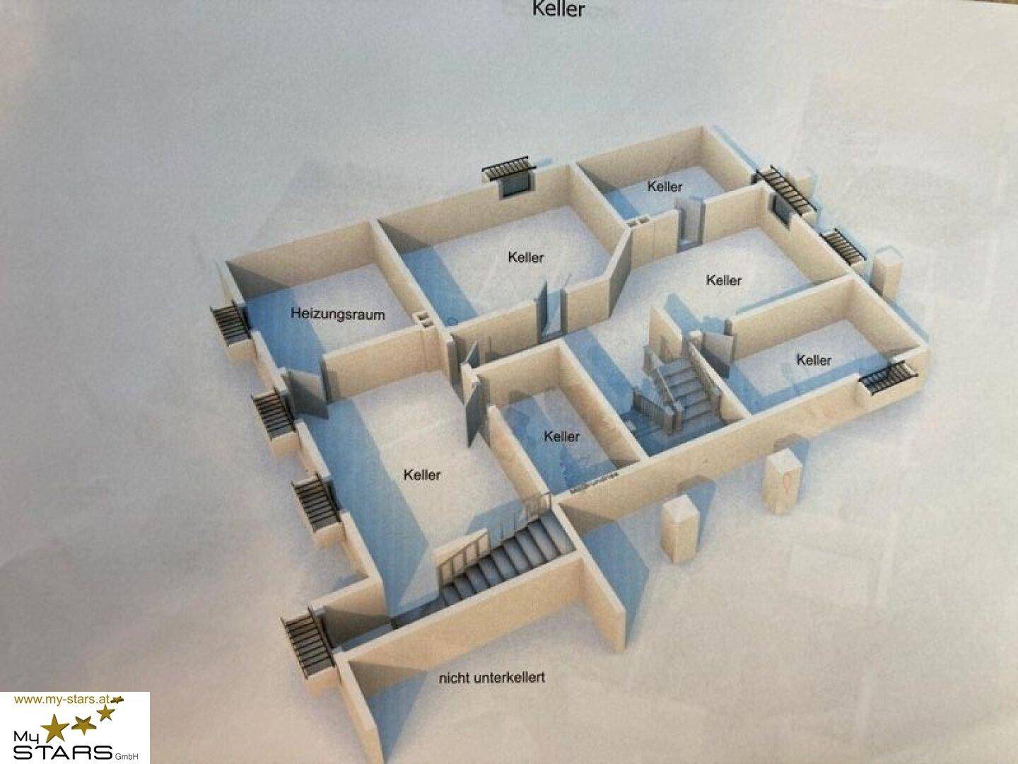 Grundriss des Kellers mit Heizungsraum und mehreren Kellerräumen.