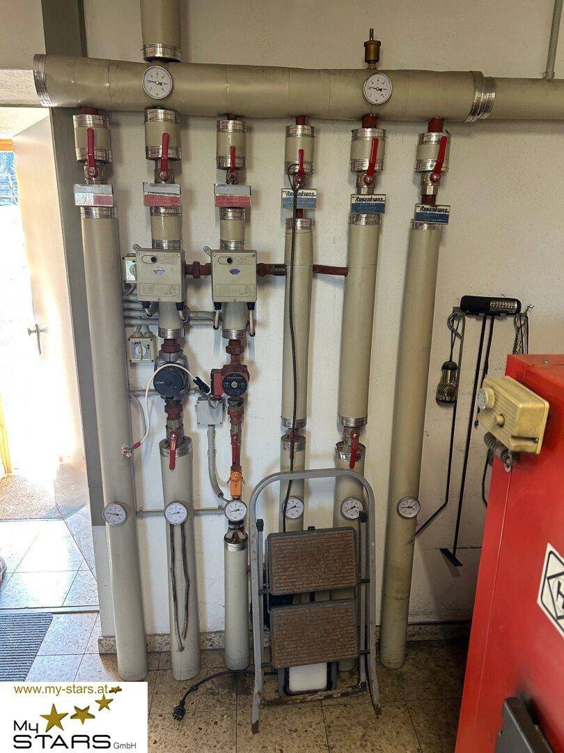 Heizungsverteiler mit zahlreichen Rohren und Messgeräten in einem funktionalen Technikraum.