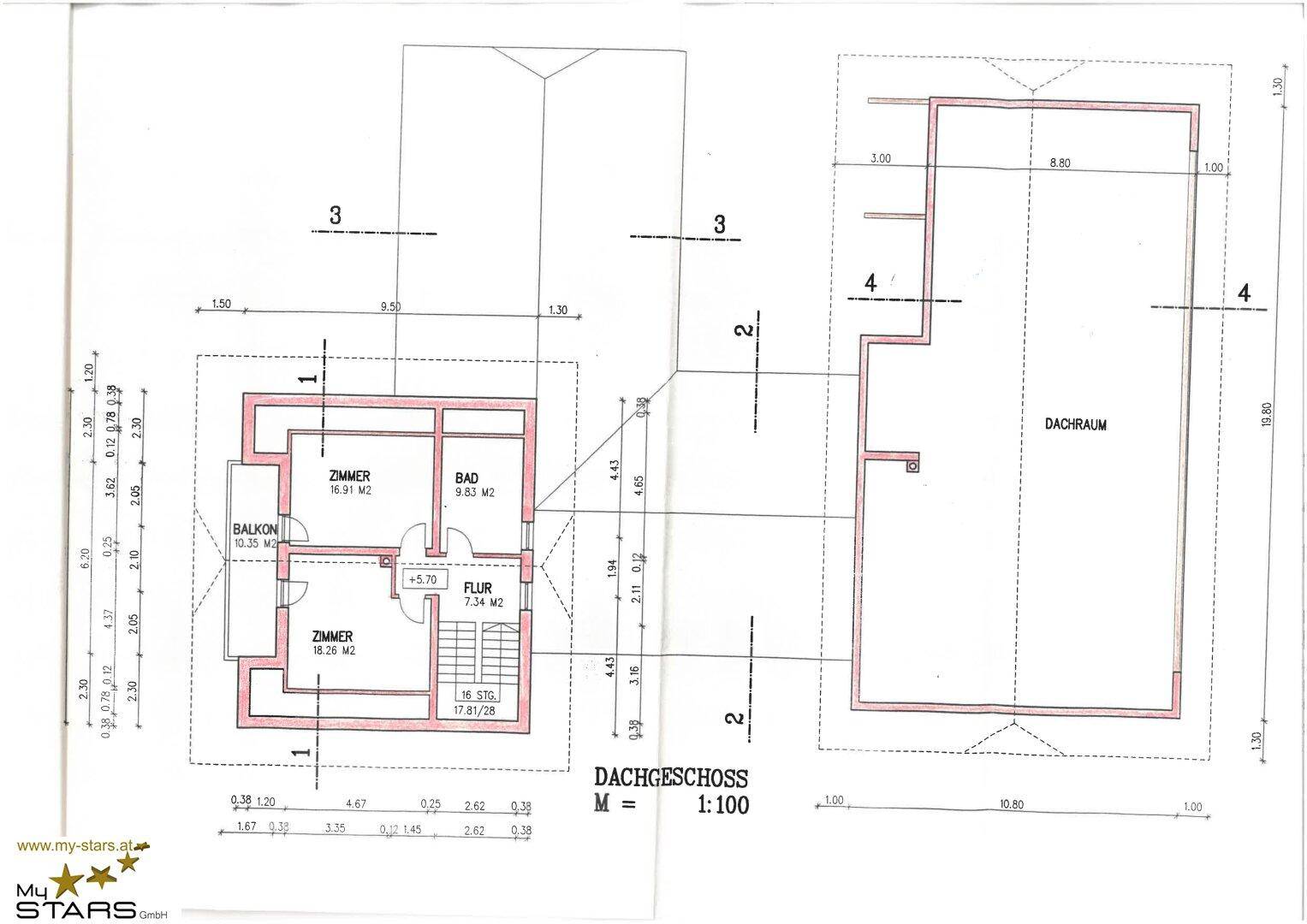 Grundriss des Dachgeschosses mit Zimmern, Bad, Balkon und Dachraum.