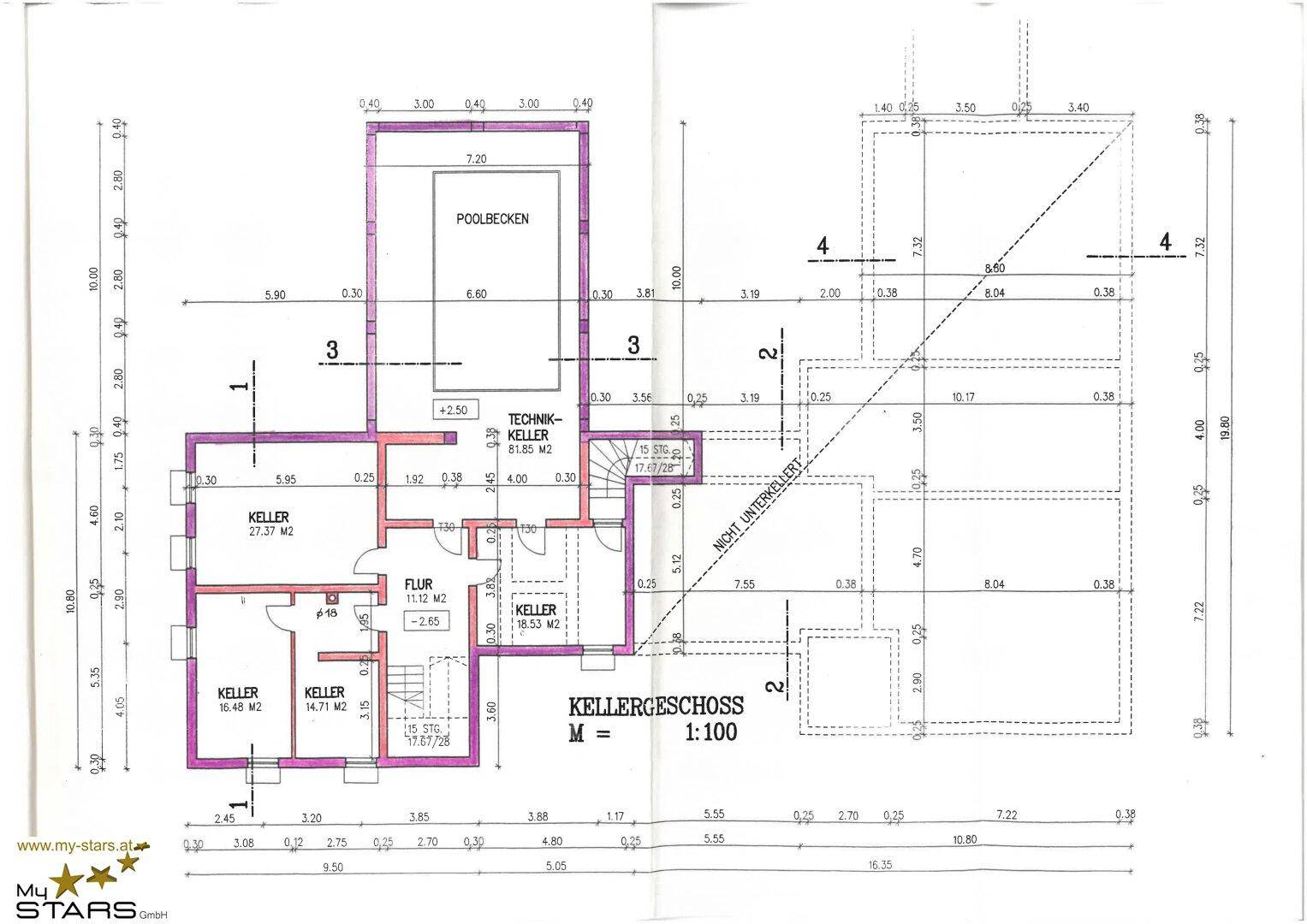 Grundriss des Kellergeschosses mit Poolbecken, Technikraum und weiteren Kellerräumen.