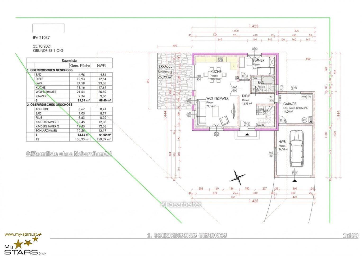 Grundriss des ersten Obergeschosses mit Küche, Wohnzimmer, Bad, Terrasse und Garage.