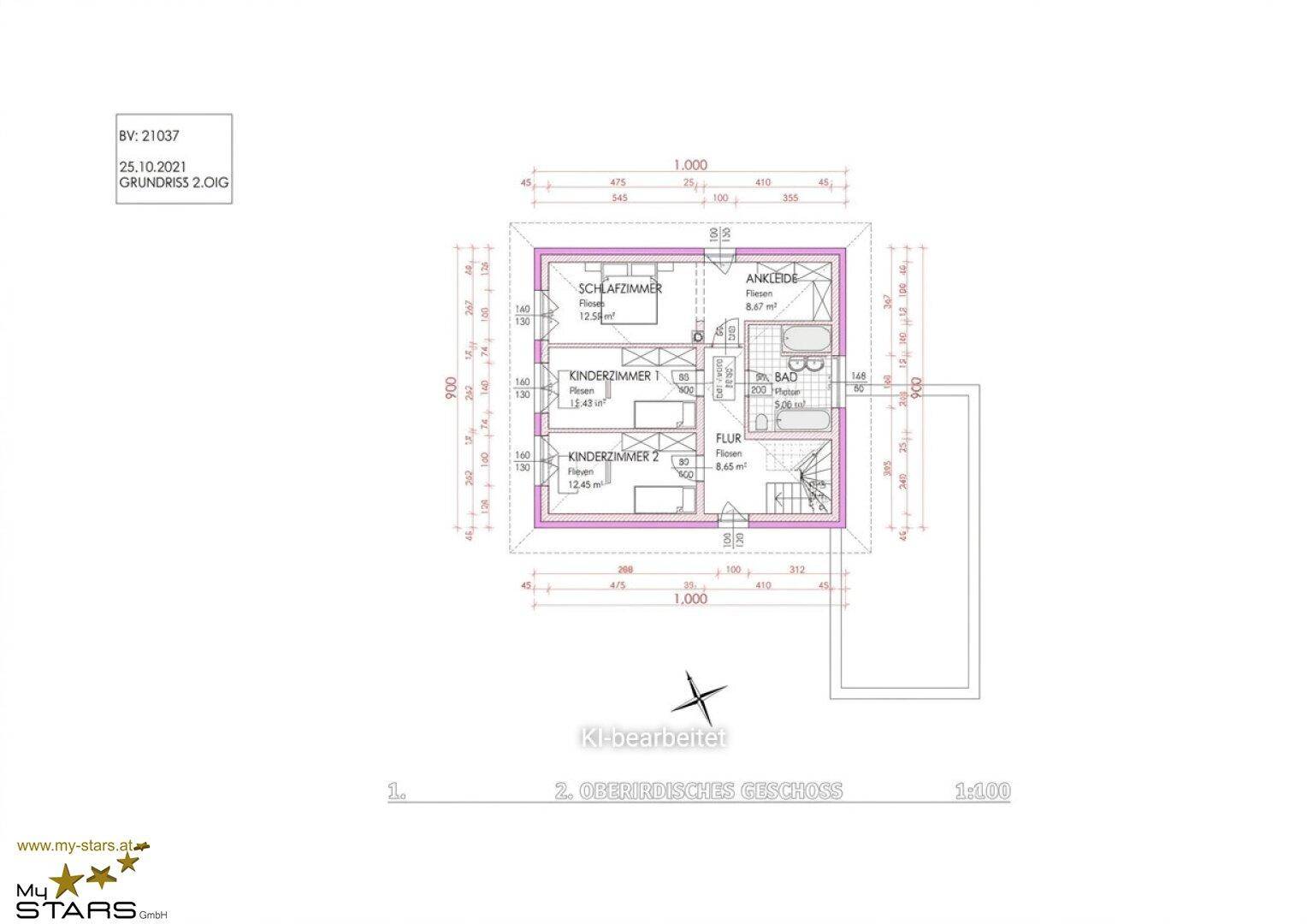 Grundriss des zweiten Obergeschosses mit Schlafzimmern, Ankleide und Badezimmer.