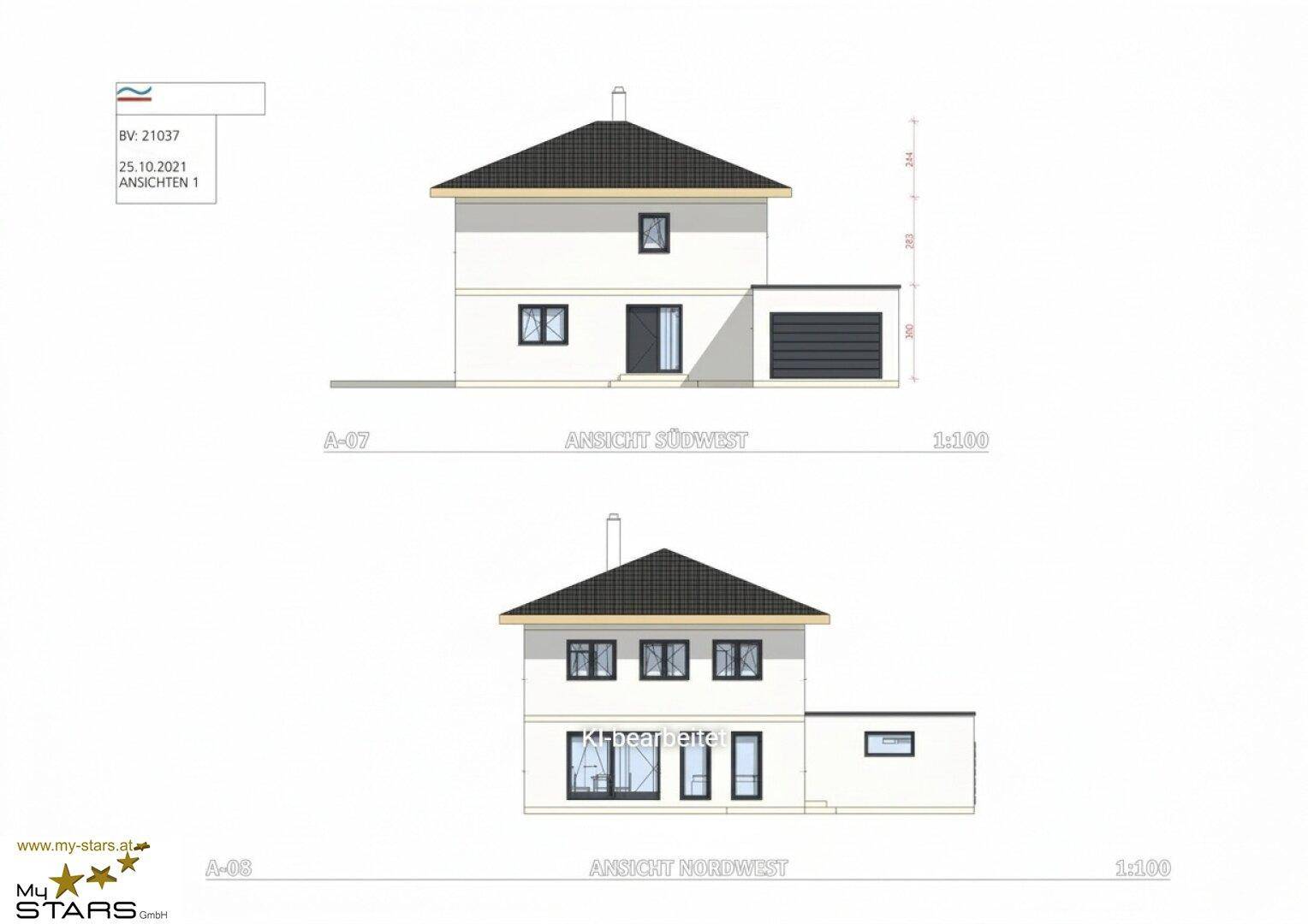 Architektonische Ansichten des Hauses von Südwest und Nordwest mit modernen Fenstern.