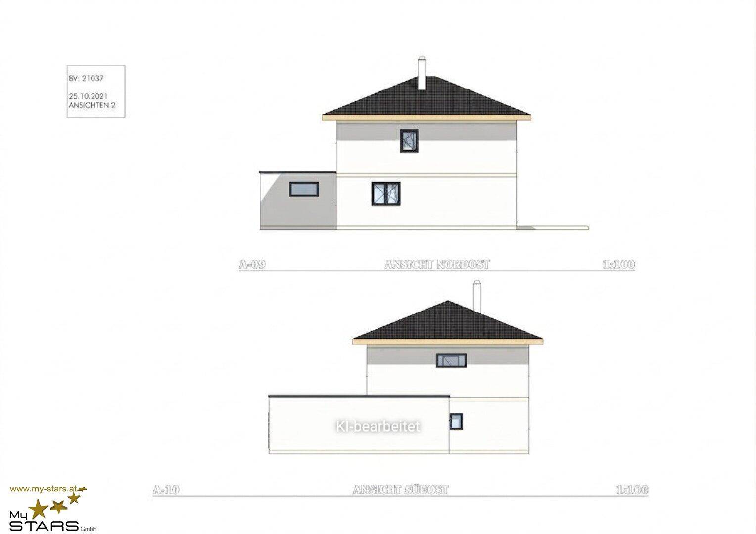 Weitere architektonische Ansichten des Hauses von Nordost und Südost.