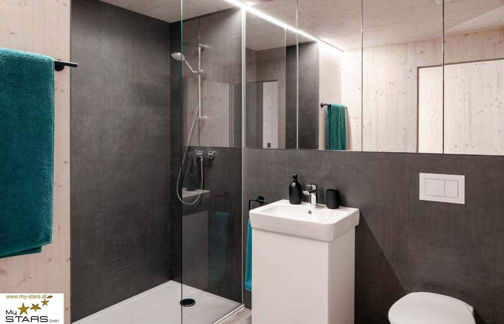 Modernes Badezimmer mit begehbarer Dusche, Einzelwaschbecken und Spiegelschrank.
