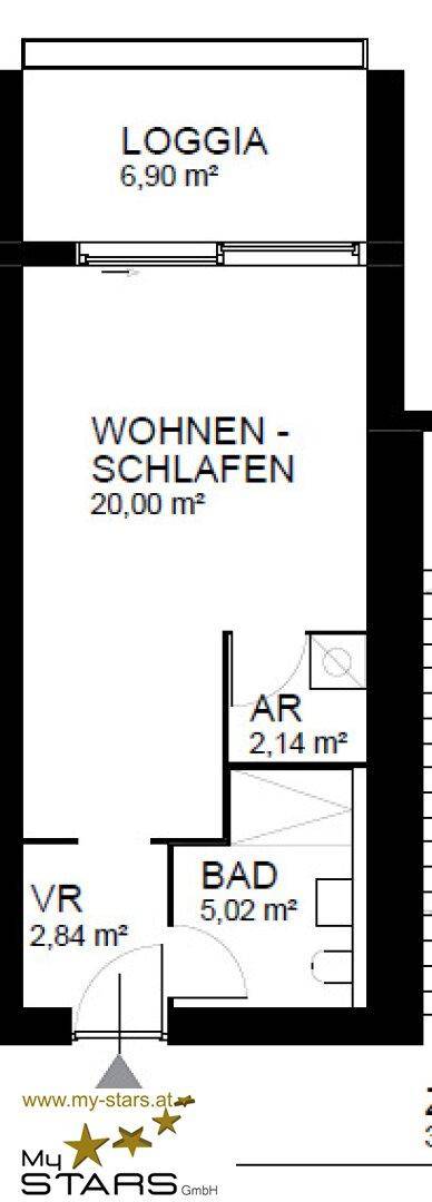 Grundrissplan einer Wohneinheit mit Wohn-Schlafbereich, Bad und Loggia.