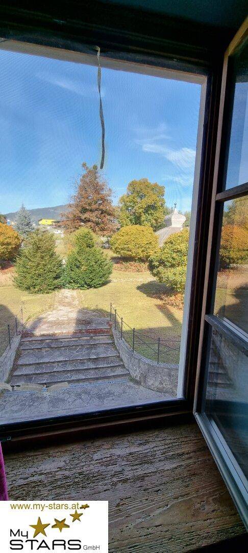 Blick aus dem Fenster auf einen gepflegten Garten mit Bäumen und einer Steintreppe.