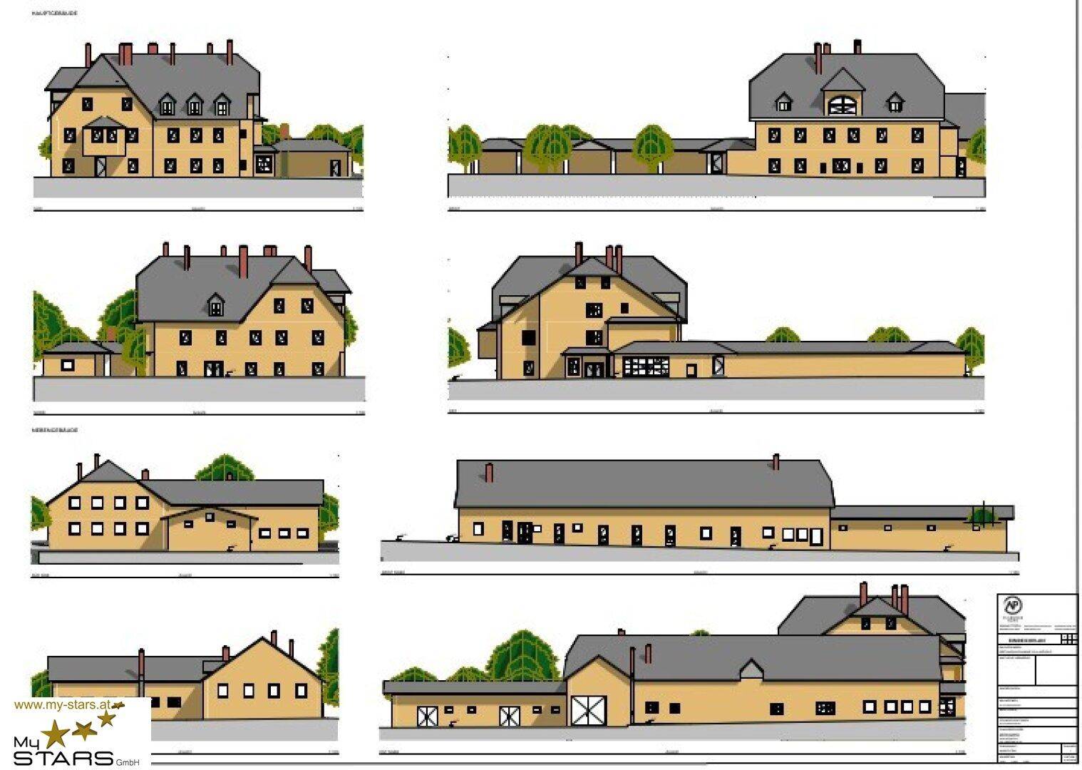 Architektonische Zeichnungen zeigen verschiedene Ansichten des Gebäudes und seiner Erweiterungen.