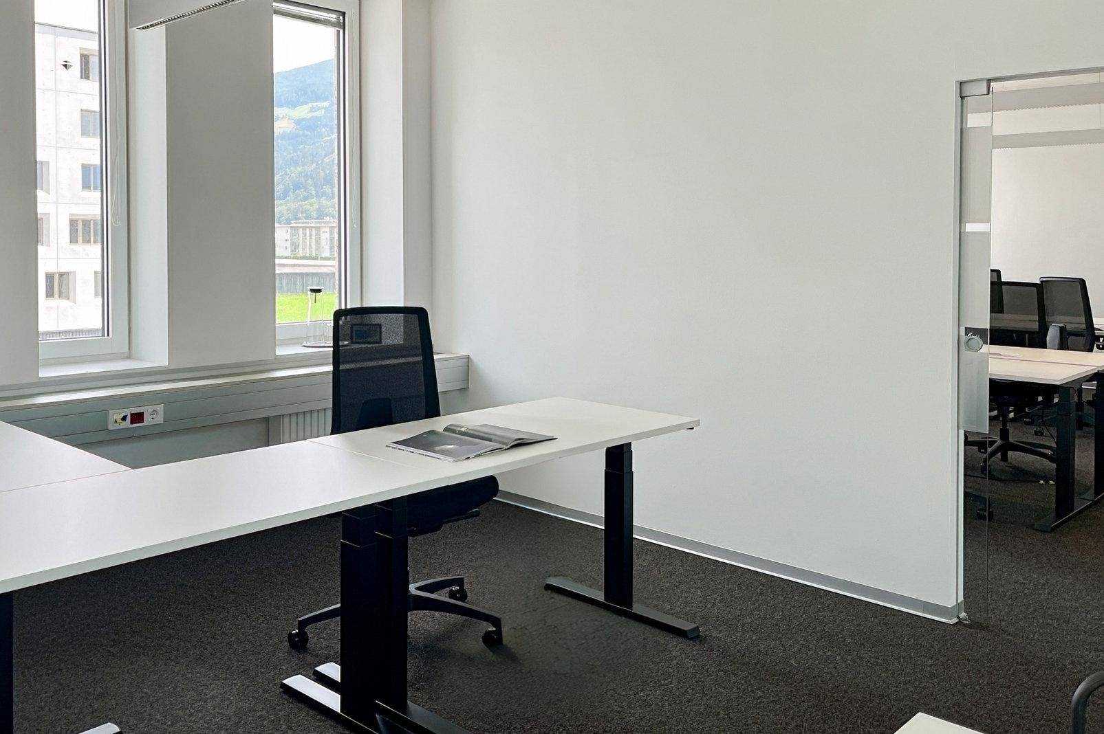 Helles Büro mit weißen Wänden, Teppichboden und großen Fenstern mit Blick ins Grüne.