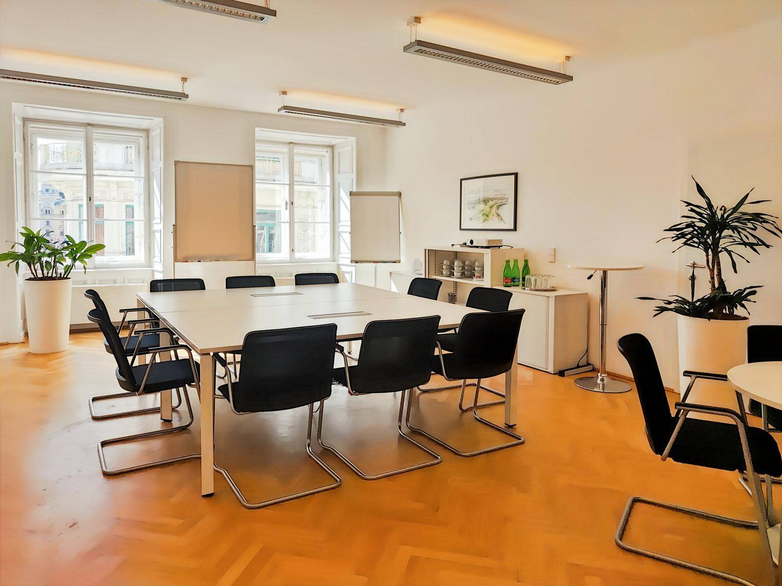 Großer Konferenzraum mit einem langen Tisch, vielen Stühlen und Fenstern, die viel Tageslicht hereinlassen.