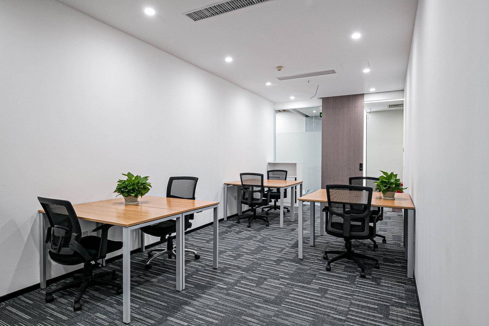 Helles und modernes Büro mit mehreren Arbeitsplätzen, Teppichboden und Pflanzenakzenten für eine angenehme Arbeitsatmosphäre.