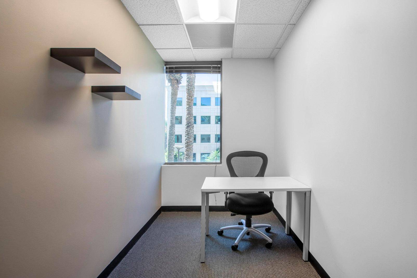 Kleines, helles Einzelbüro mit Schreibtisch, Bürostuhl und Fensterblick auf Palmen.