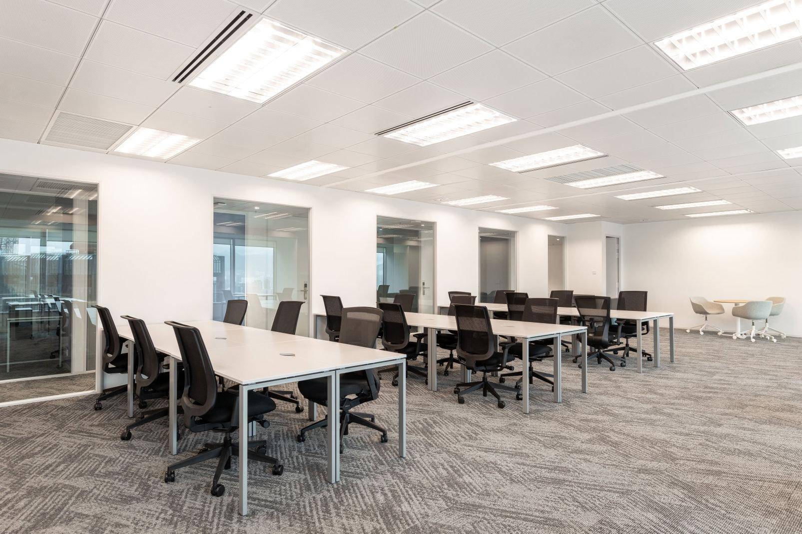 Großer offener Bürobereich mit zahlreichen Arbeitsplätzen, Teppichboden und modernen Deckenleuchten.
