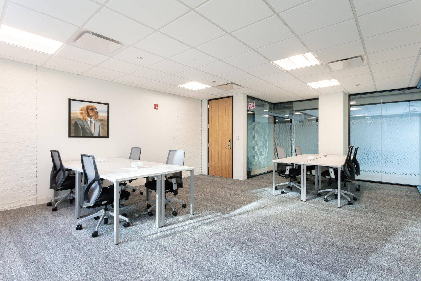 Modernes Büro mit Teppichboden, weißen Wänden und Deckenplatten, ausgestattet mit mehreren Arbeitstischen.