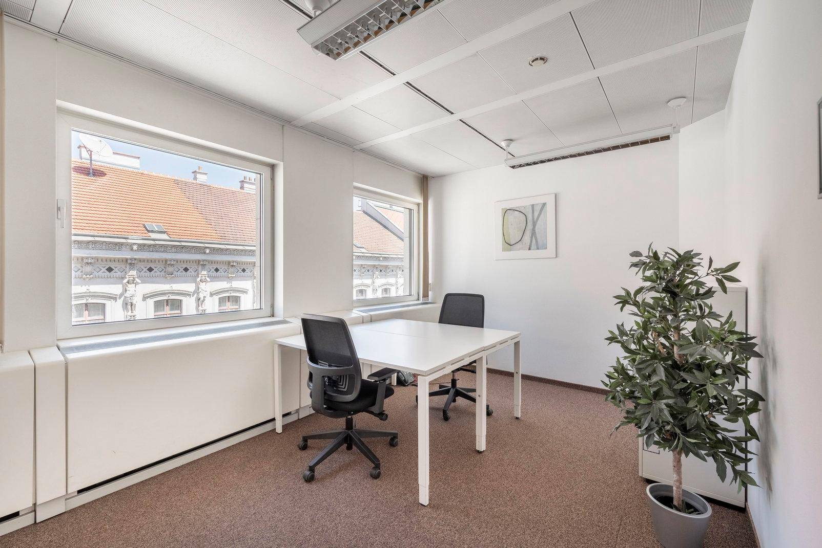 Helles Einzelbüro mit Teppichboden, zwei Schreibtischen und Blick auf historische Dächer.