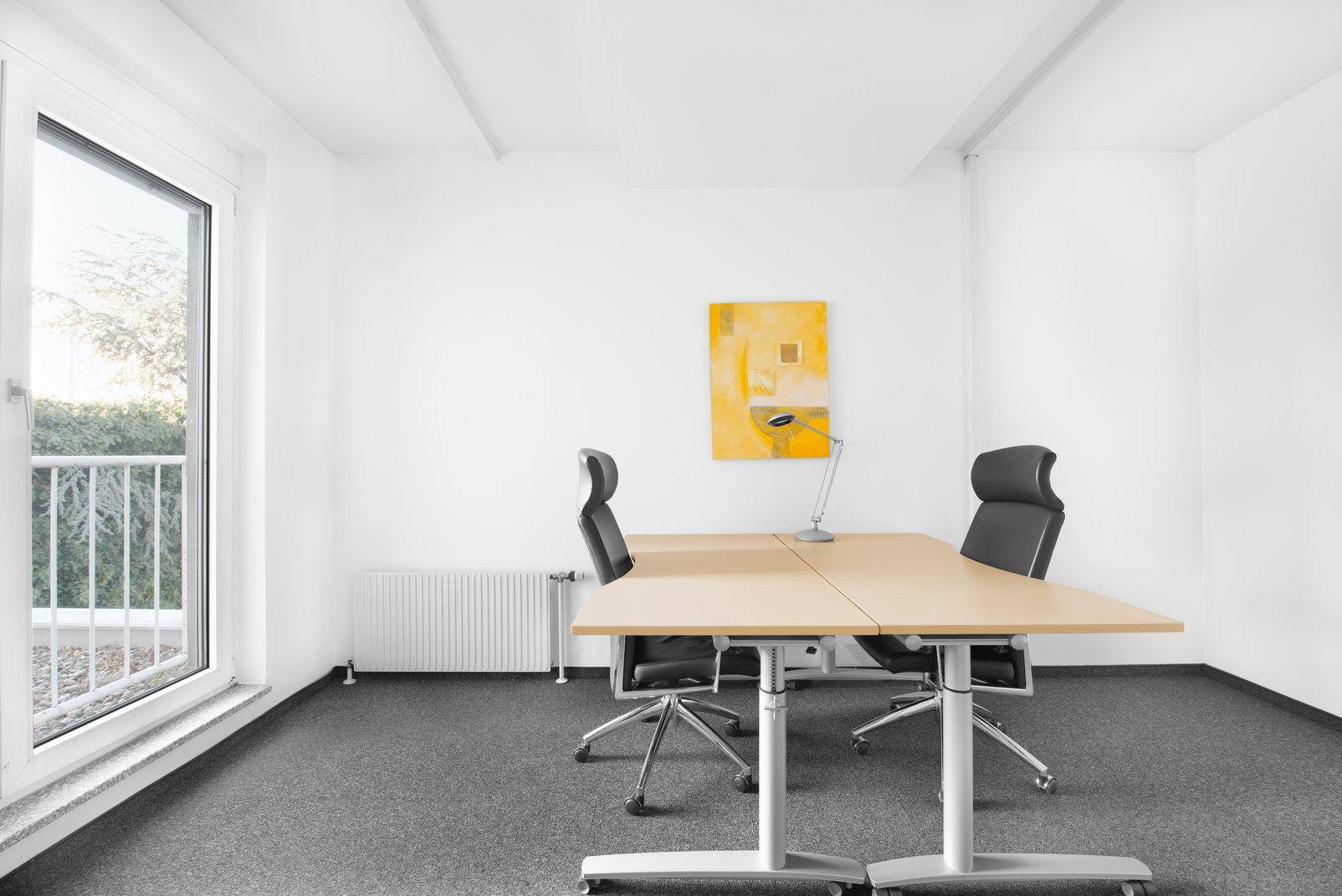 Helles Büro mit zwei Arbeitsplätzen, Teppichboden und großem Fenster mit Blick ins Grüne.