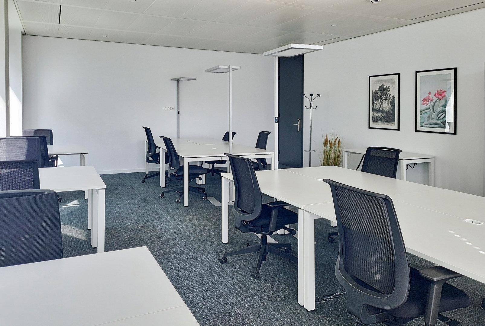 Großraumbüro mit mehreren Schreibtischen, ergonomischen Stühlen und Teppichboden in einem modernen Ambiente.