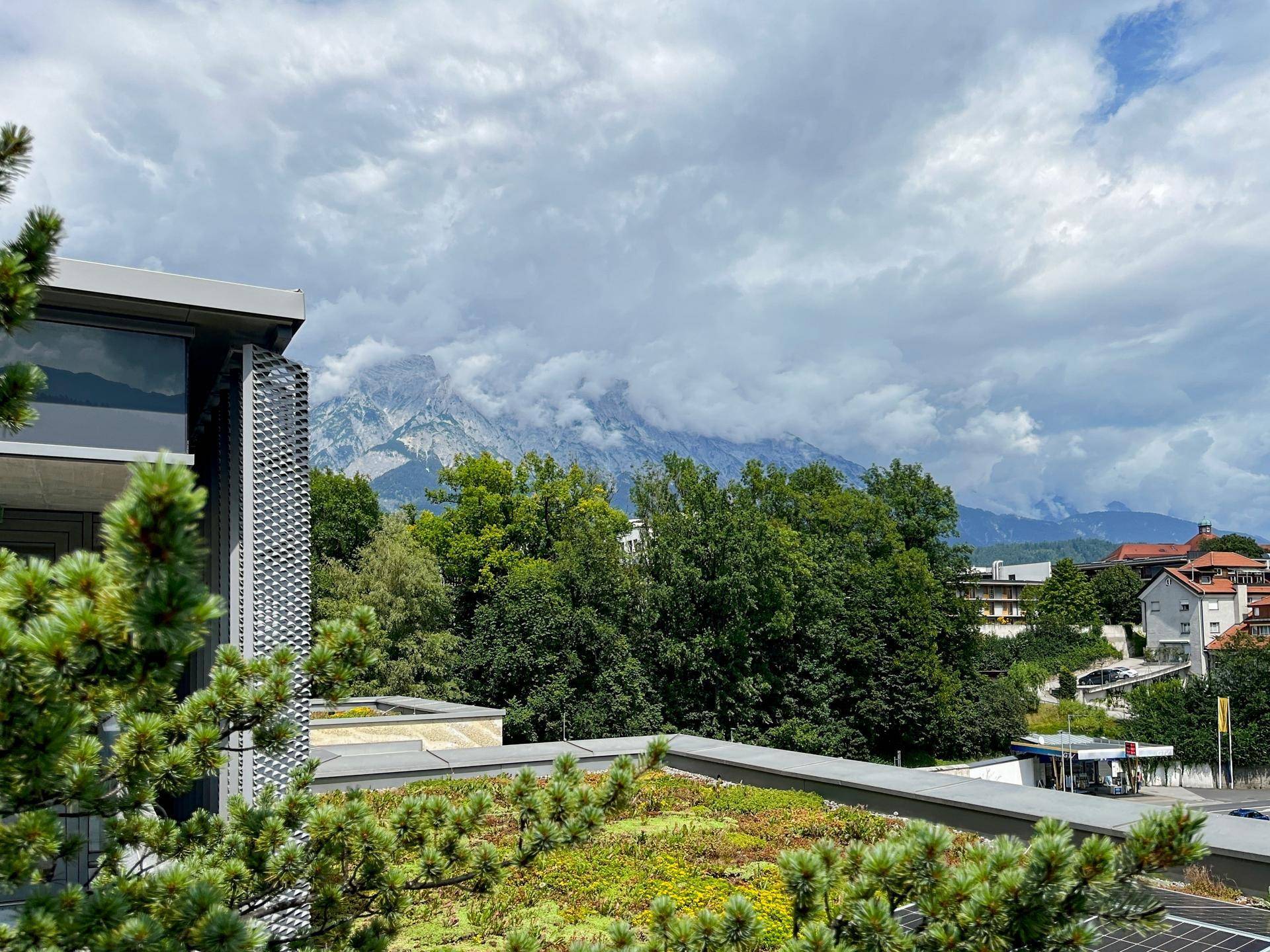 Panoramablick auf majestätische Berge und üppige grüne Vegetation unter einem bewölkten Himmel.