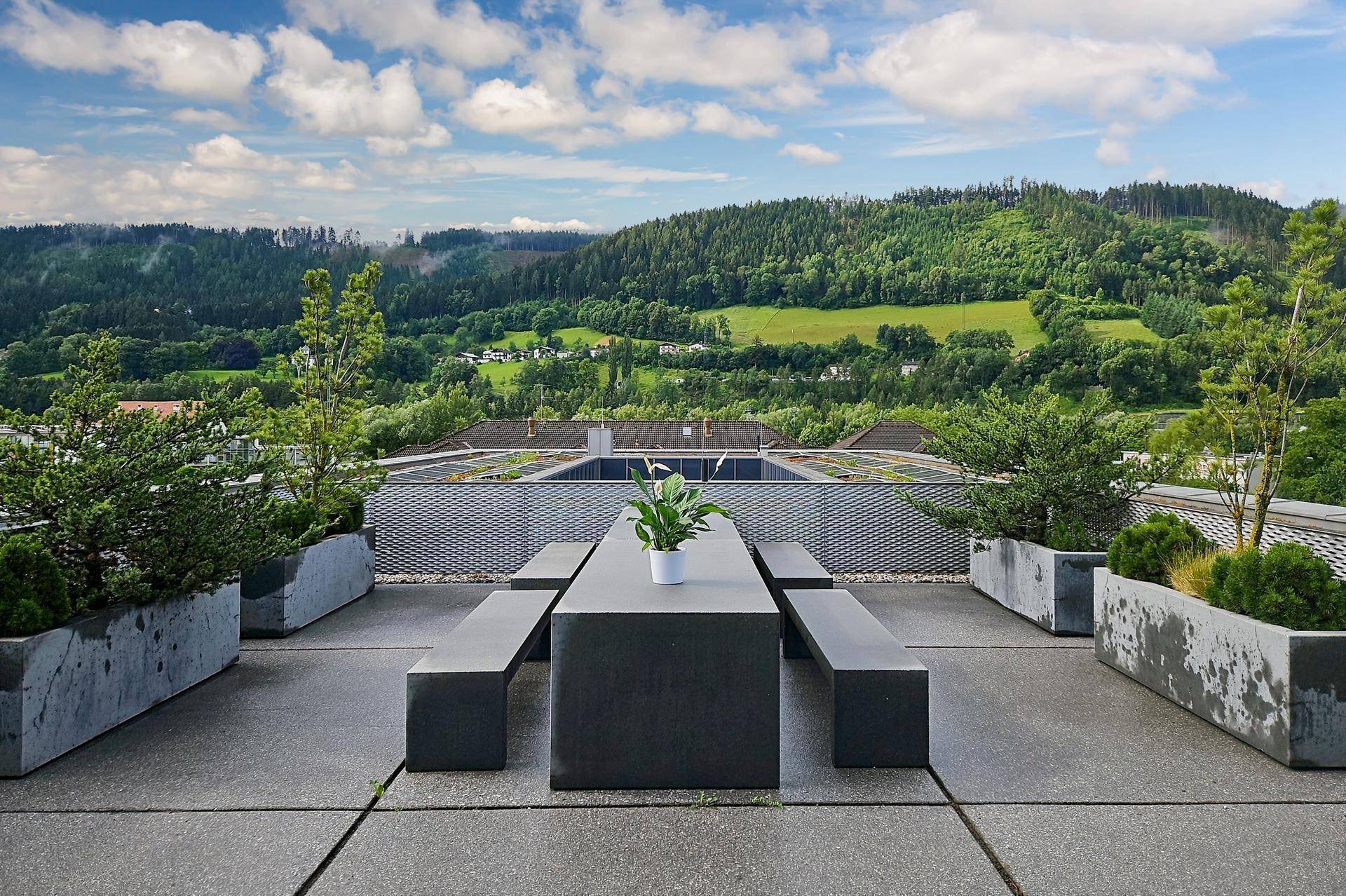 Große Dachterrasse mit modernen Sitzgelegenheiten, Pflanzen in Betonkübeln und weitem Blick auf bewaldete Hügel.
