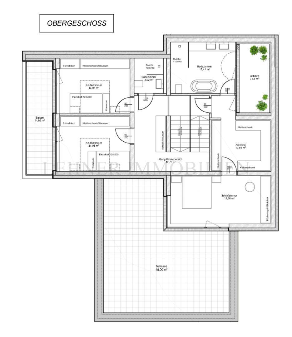 Grundriss des Obergeschosses mit Schlafzimmern, Bädern, Balkon und Dachterrasse.