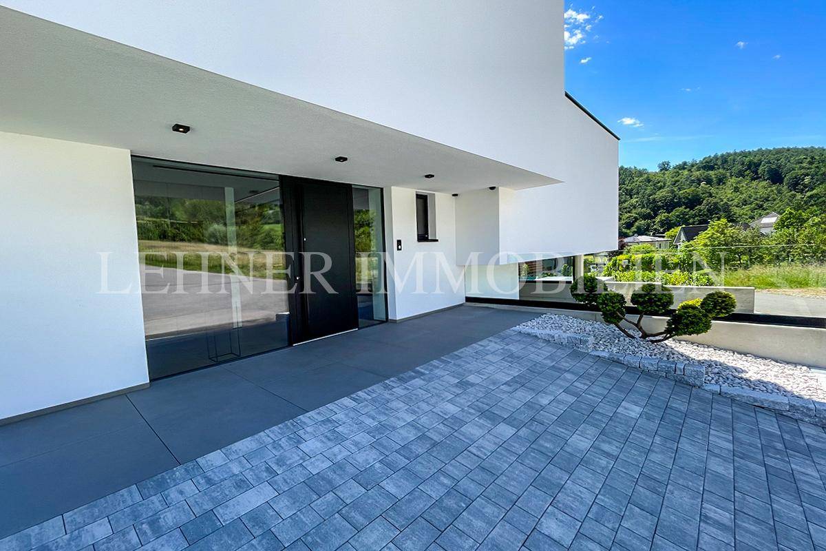 Moderner Eingangsbereich der Villa mit großer Glastür und gepflastertem Zugang.