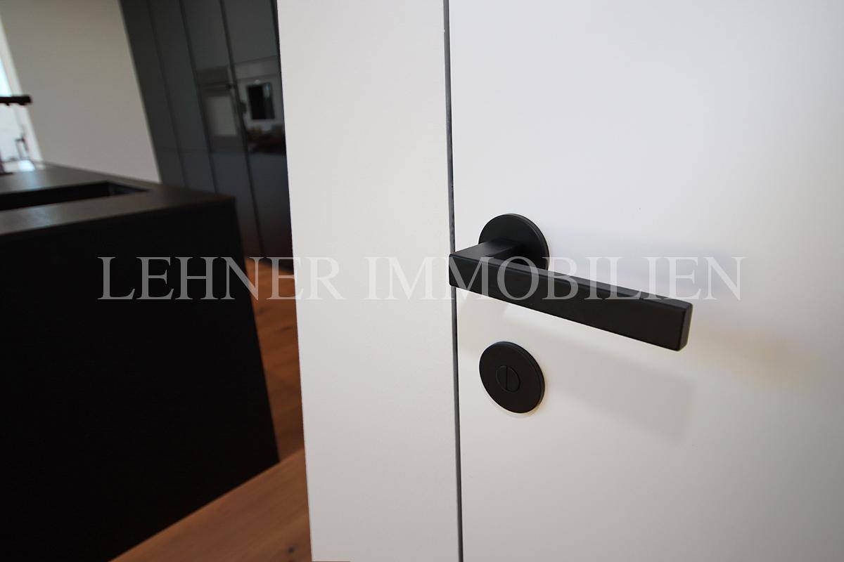 Detailaufnahme einer modernen Tür mit schwarzem Griff und minimalistischem Design.