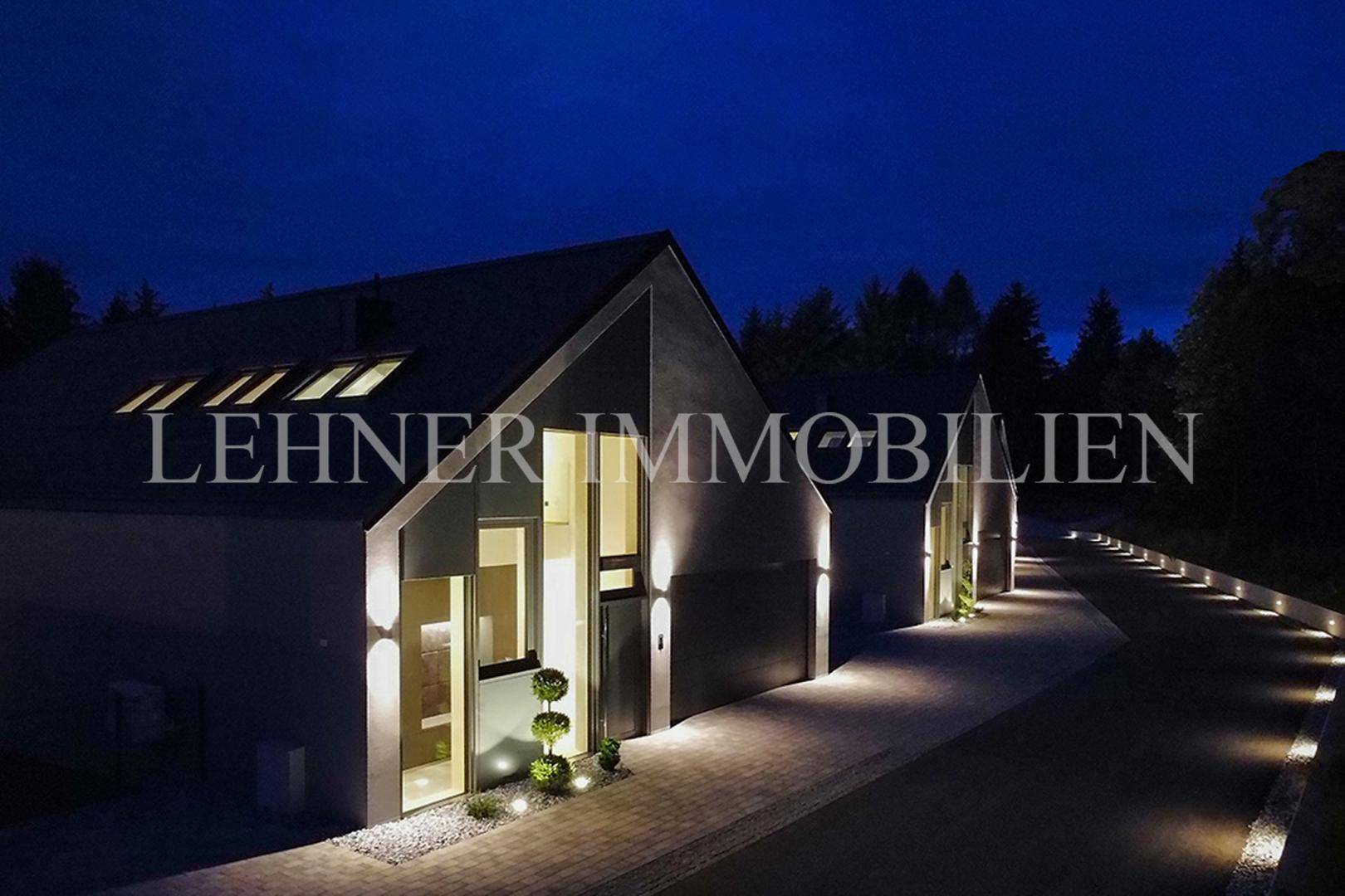 Moderne Hausfassade bei Nacht mit beleuchteter Auffahrt und Eingangsbereich.