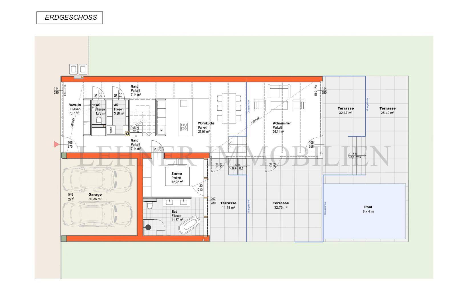 Grundriss des Erdgeschosses mit Garage, Wohnbereich, Küche, Pool und Terrassen.