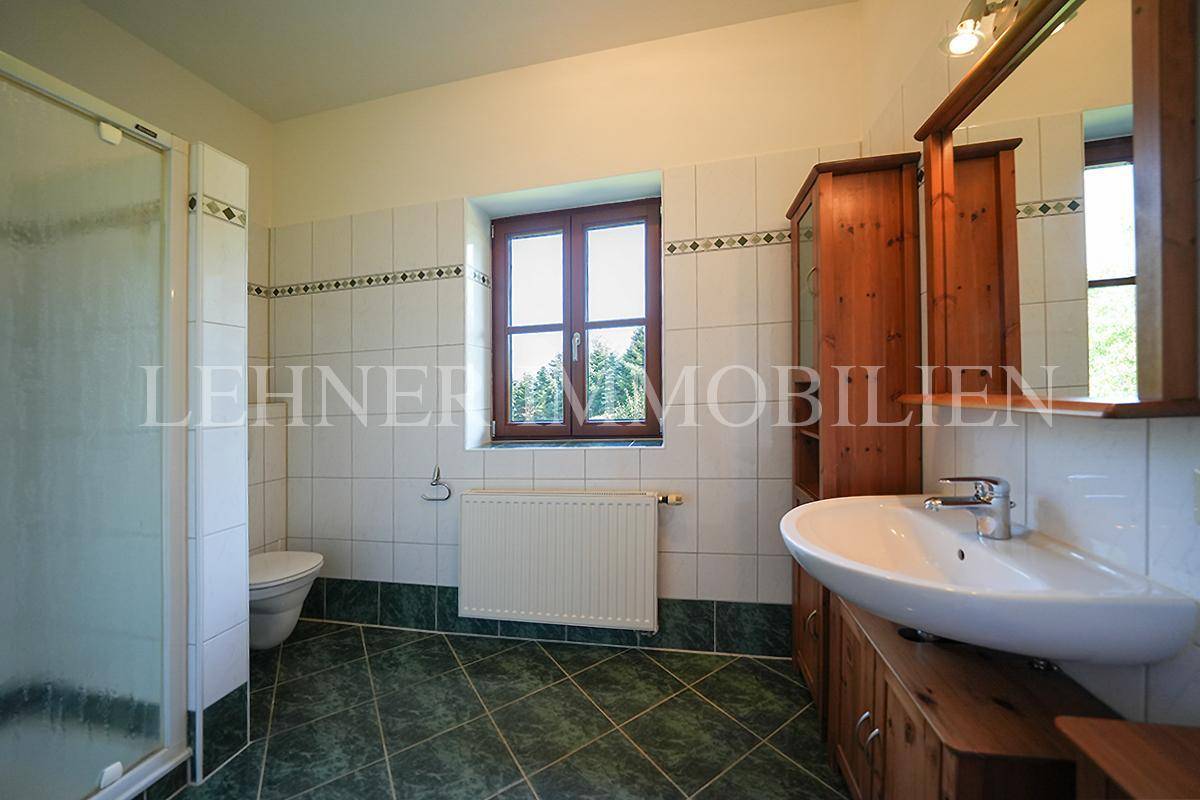 Badezimmer mit Dusche, WC, Waschbecken und Fenster, gefliest in Weiß und Grün.