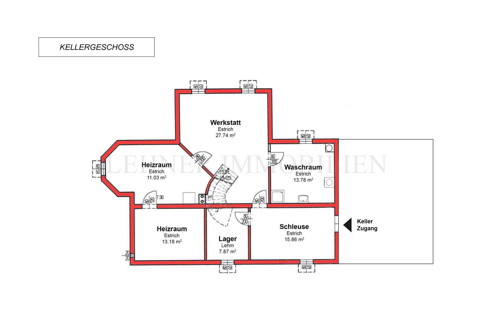 Grundriss des Kellergeschosses mit Werkstatt, Heizraum und Waschraum.