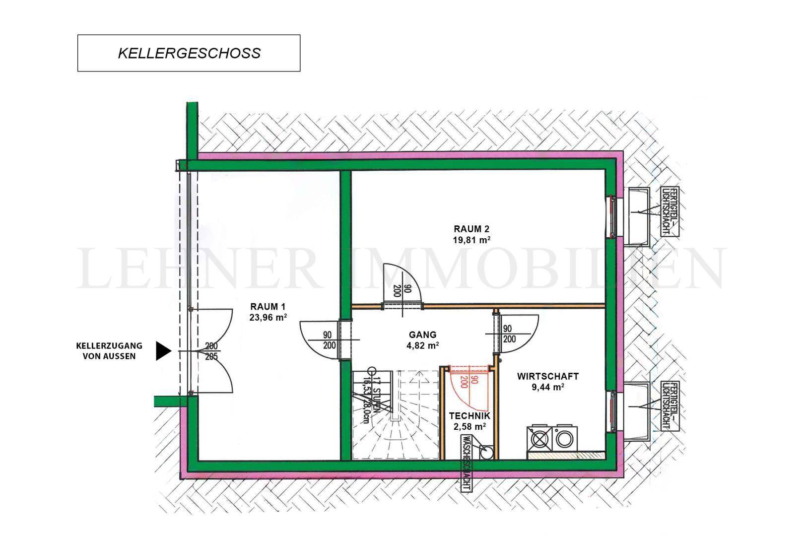 Grundriss des Kellergeschosses mit Technikraum, Hauswirtschaftsraum und zwei weiteren Räumen.