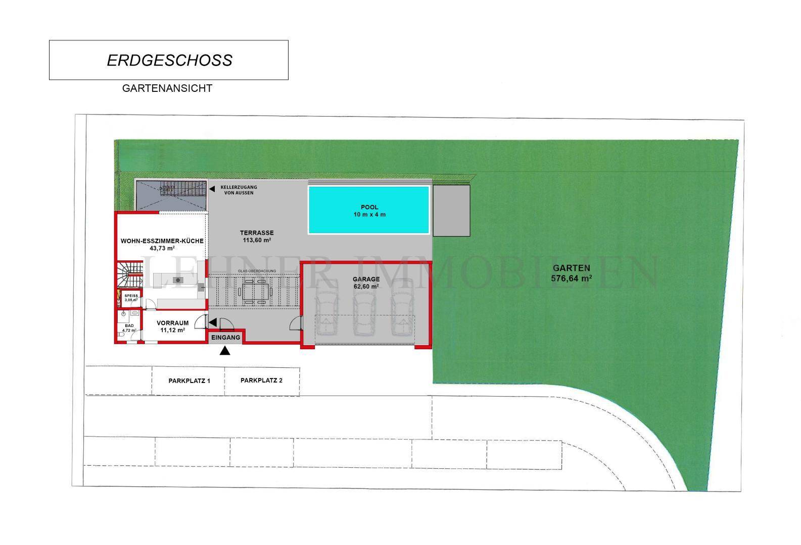 Grundriss des Erdgeschosses mit großem Garten, Pool, Terrasse und Doppelgarage.