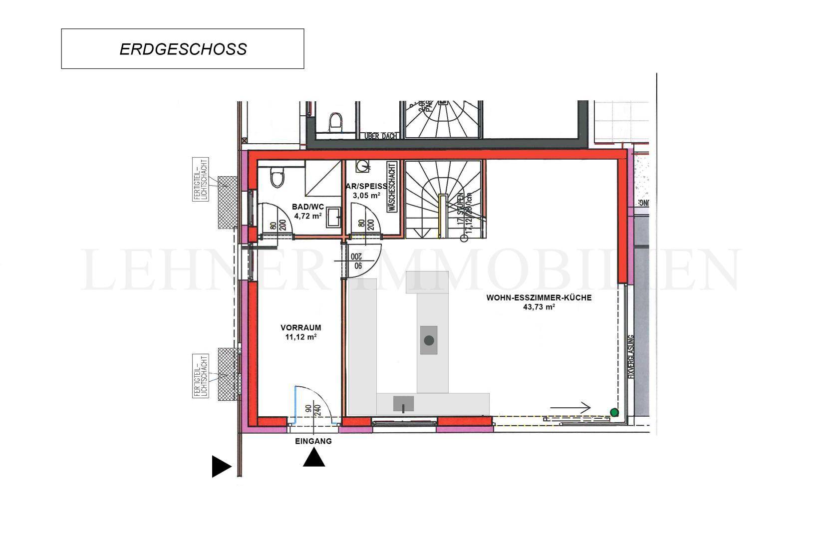 Detaillierter Grundriss des Erdgeschosses mit offenem Wohn-Essbereich und Küche.
