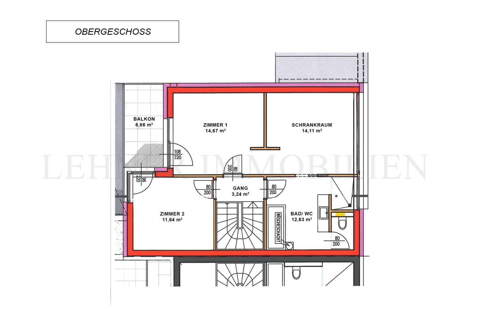 Grundriss des Obergeschosses mit zwei Zimmern, Bad und Zugang zu einem Balkon.