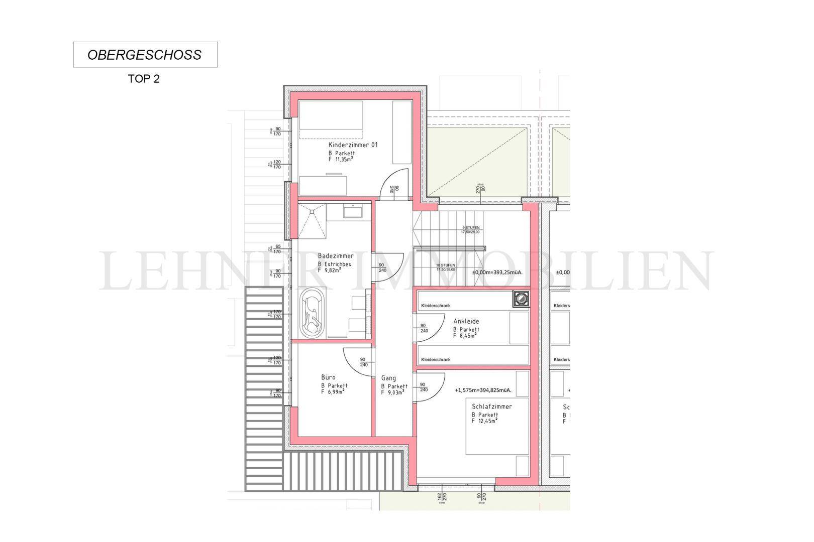 Grundriss des Obergeschosses von Top 2 mit Schlafzimmern, Bad und Arbeitszimmer.
