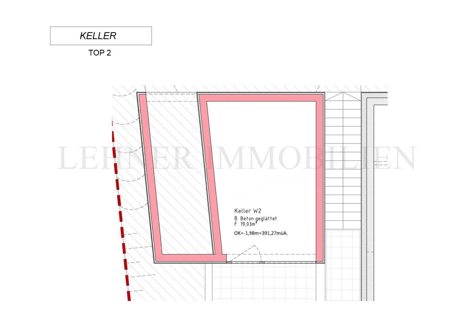 Grundriss des Kellergeschosses von Top 2 mit einem geräumigen Kellerraum.