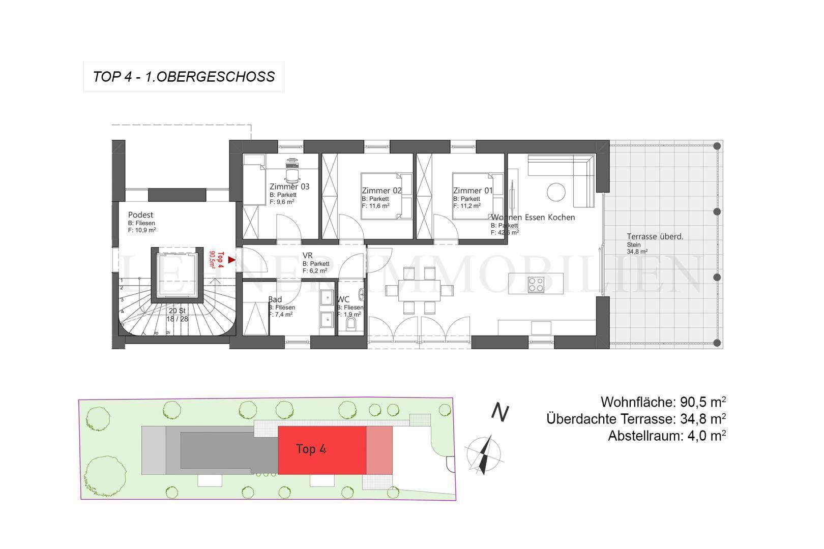 Grundriss des ersten Obergeschosses (Top 4) mit drei Zimmern, Bad, WC und großer überdachter Terrasse.