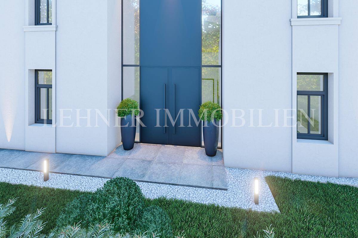 Moderner Eingangsbereich einer Villa mit großen Türen, Pflanzenkübeln und Außenbeleuchtung.