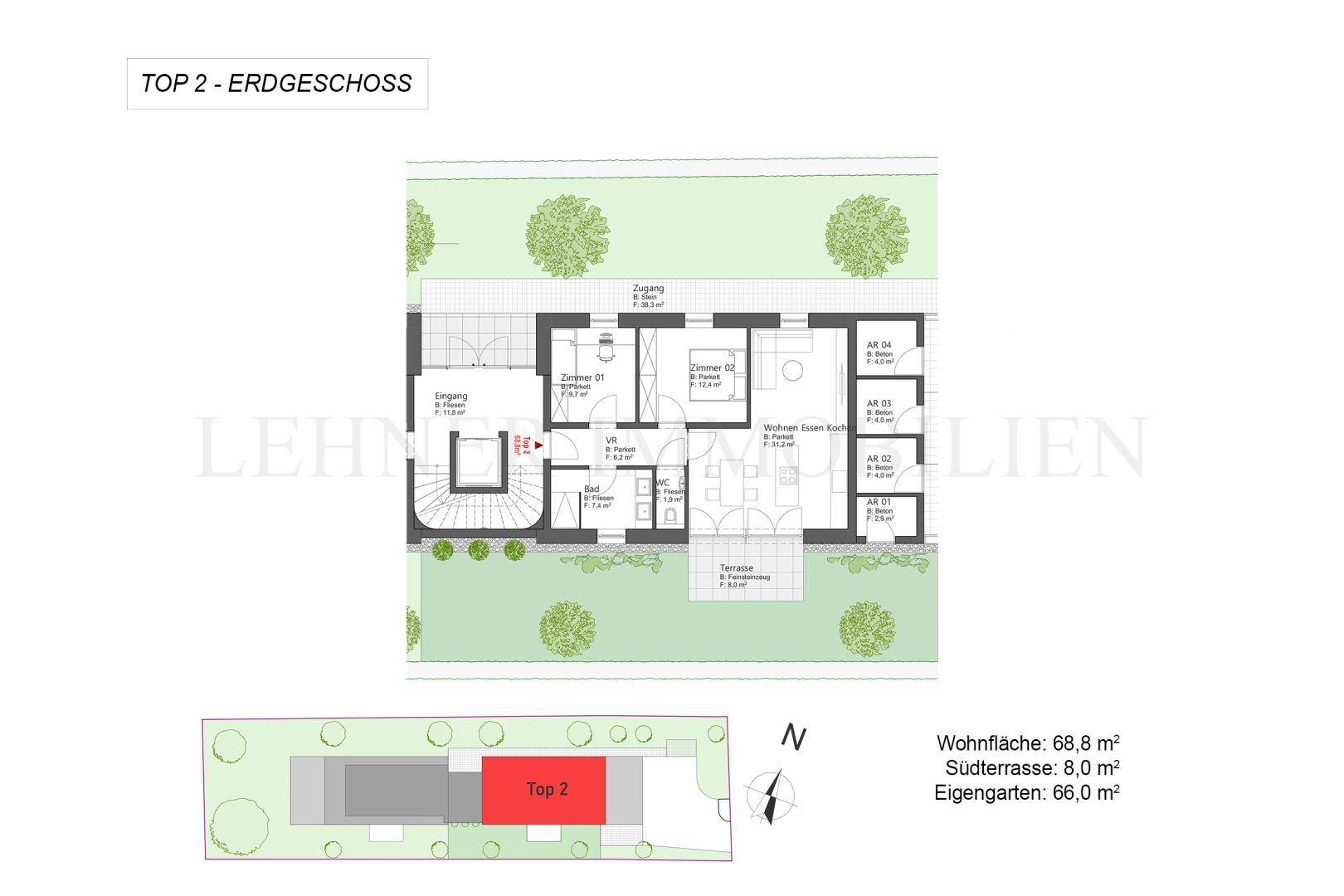 Grundriss des Erdgeschosses mit offenem Wohn-Essbereich, Terrasse und eigenem Garten.