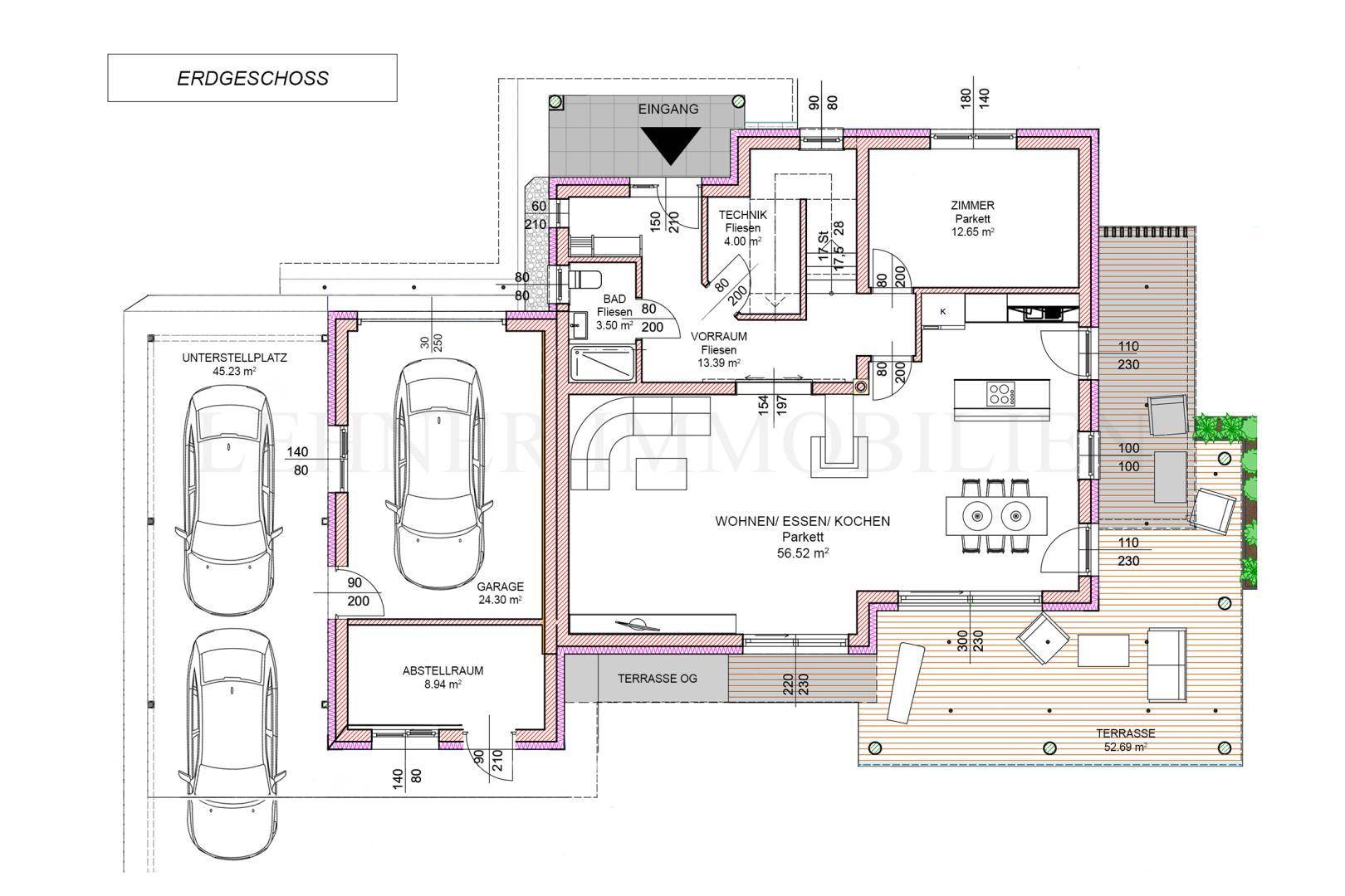 Grundriss des Erdgeschosses mit offenem Wohn-Ess-Kochbereich, Terrasse und Garage.