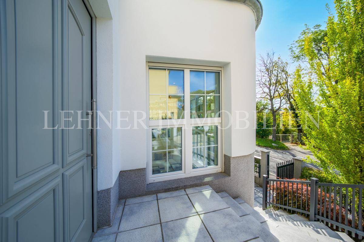 Detailansicht der modernen Eingangstür und der großen Fensterfront der Stadtvilla.