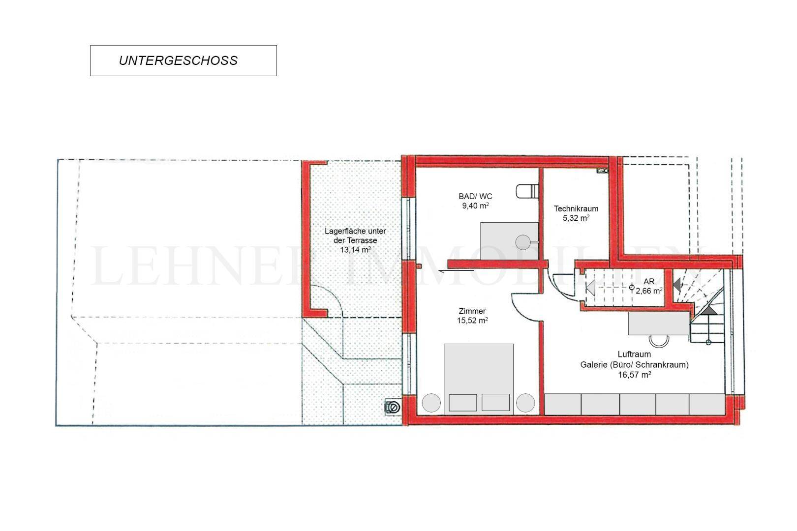 Grundriss des Untergeschosses mit Zimmer, Bad, Technikraum und Lagerfläche unter der Terrasse.