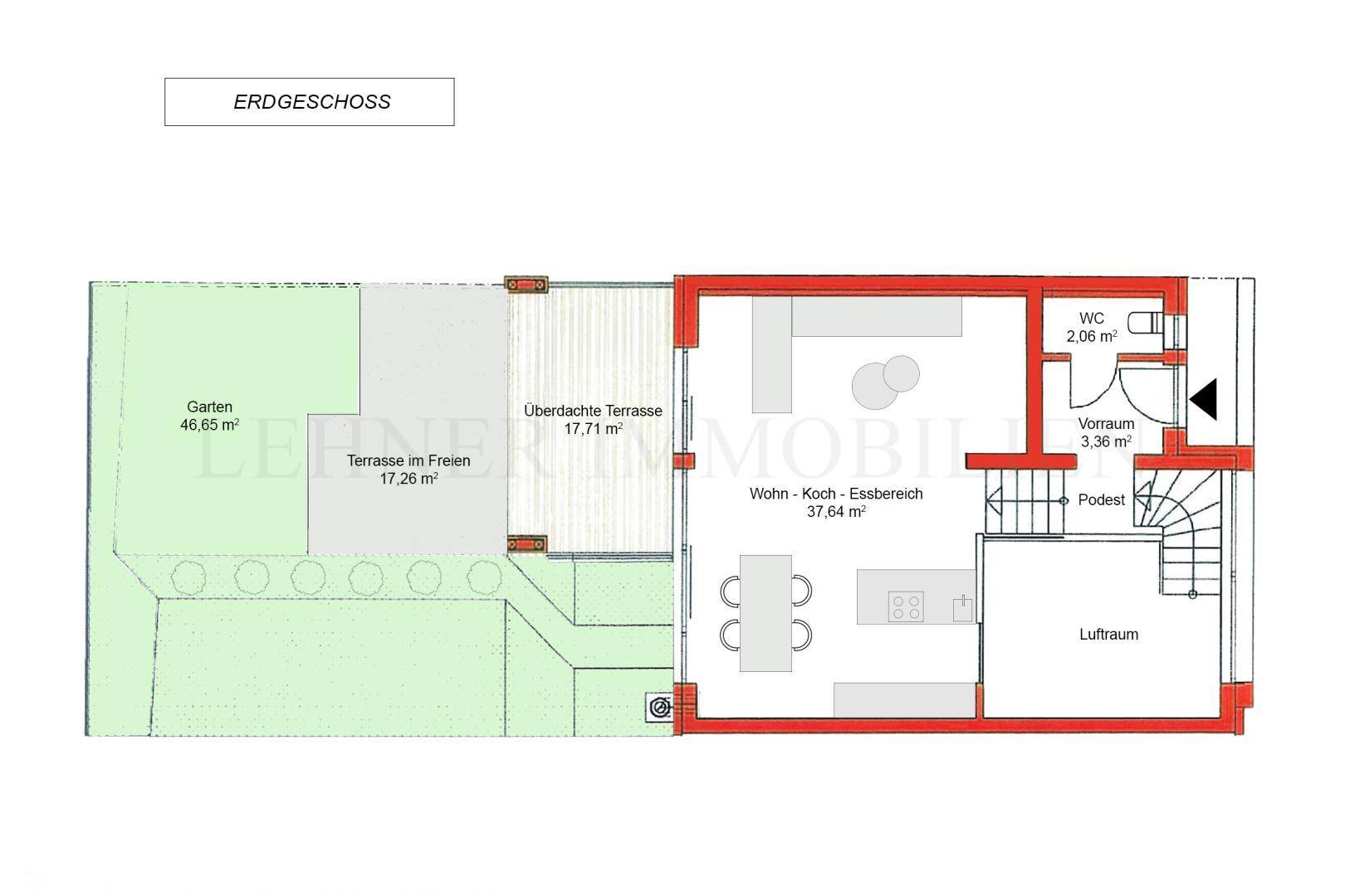 Grundriss des Erdgeschosses mit offenem Wohn-Essbereich, Terrasse und Garten.