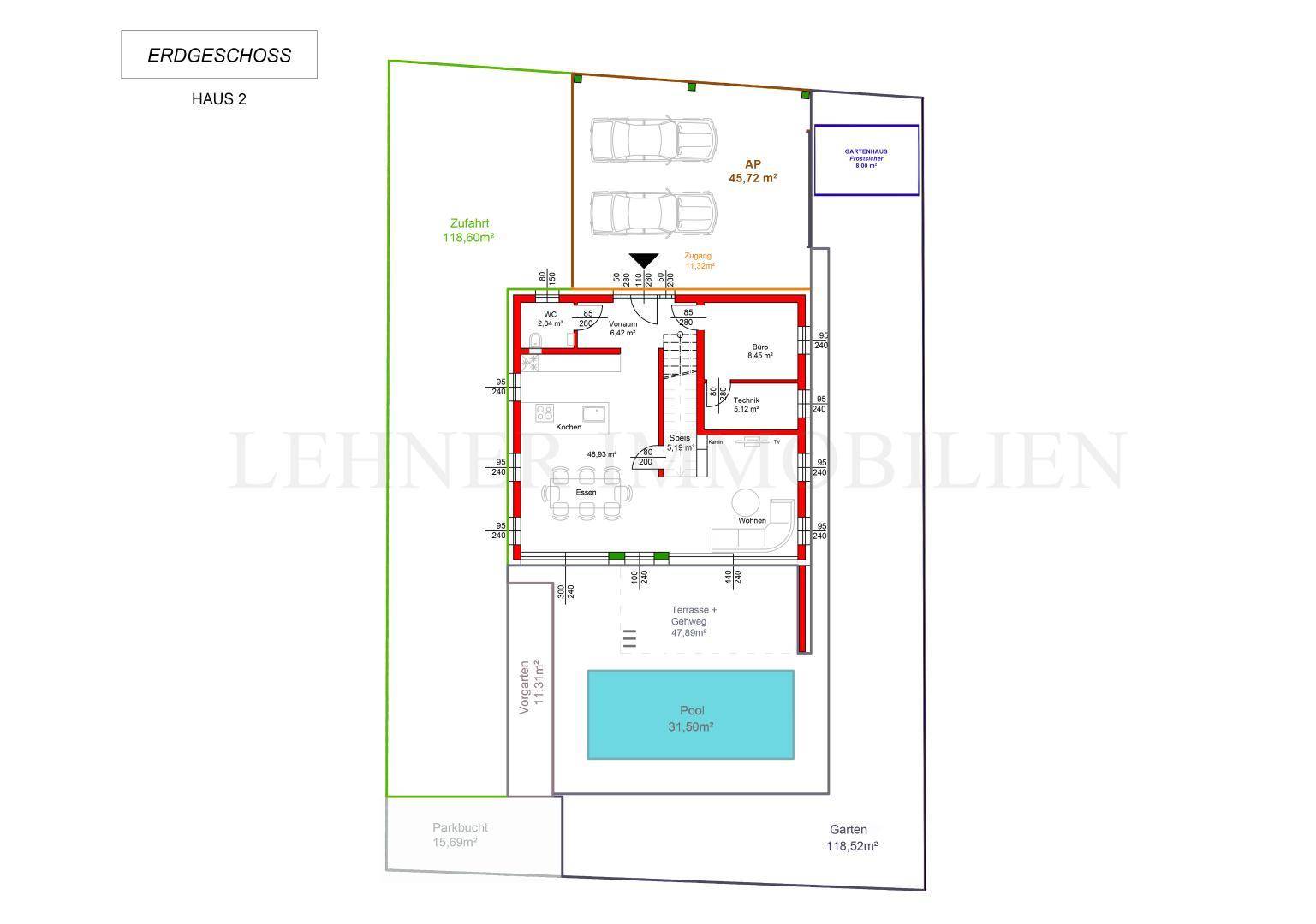 Grundriss des Erdgeschosses von Haus 2 mit offenem Wohnbereich, Terrasse und Pool.